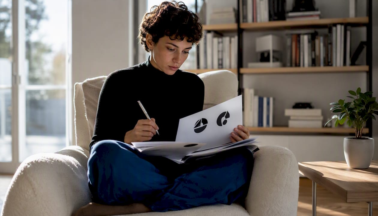 Designer reviewing copyright and logos at desk