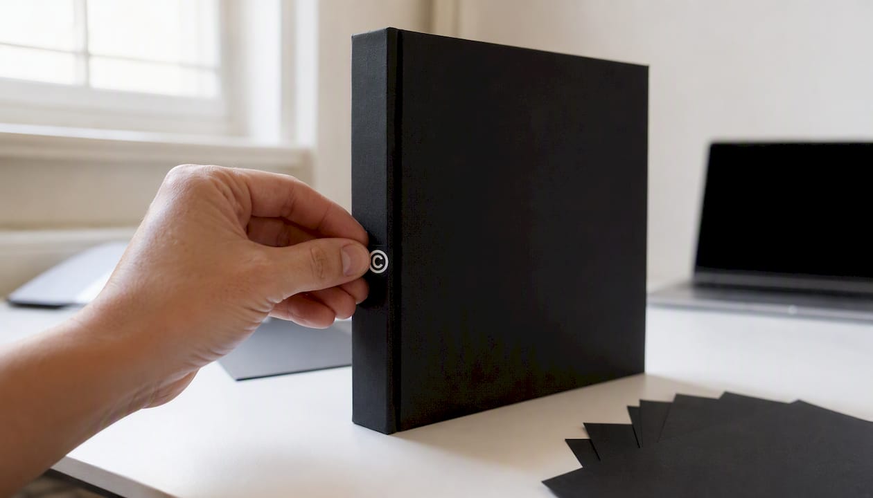 Hand placing copyright symbol sticker on book cover