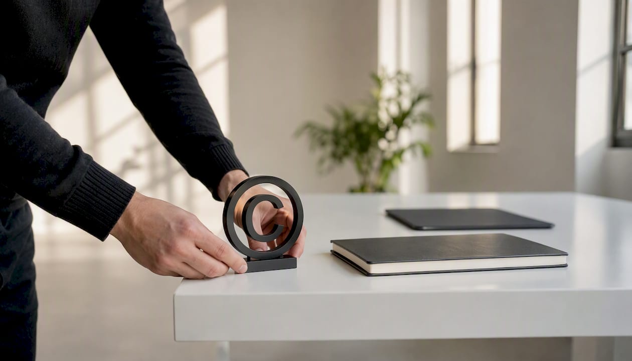 Hands placing copyright symbol on desk edge