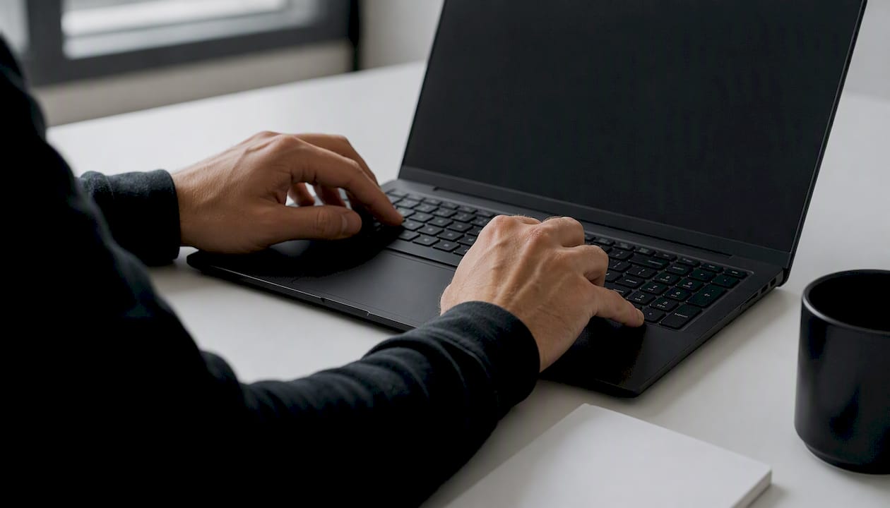 Hands typing copyright symbol on keyboard