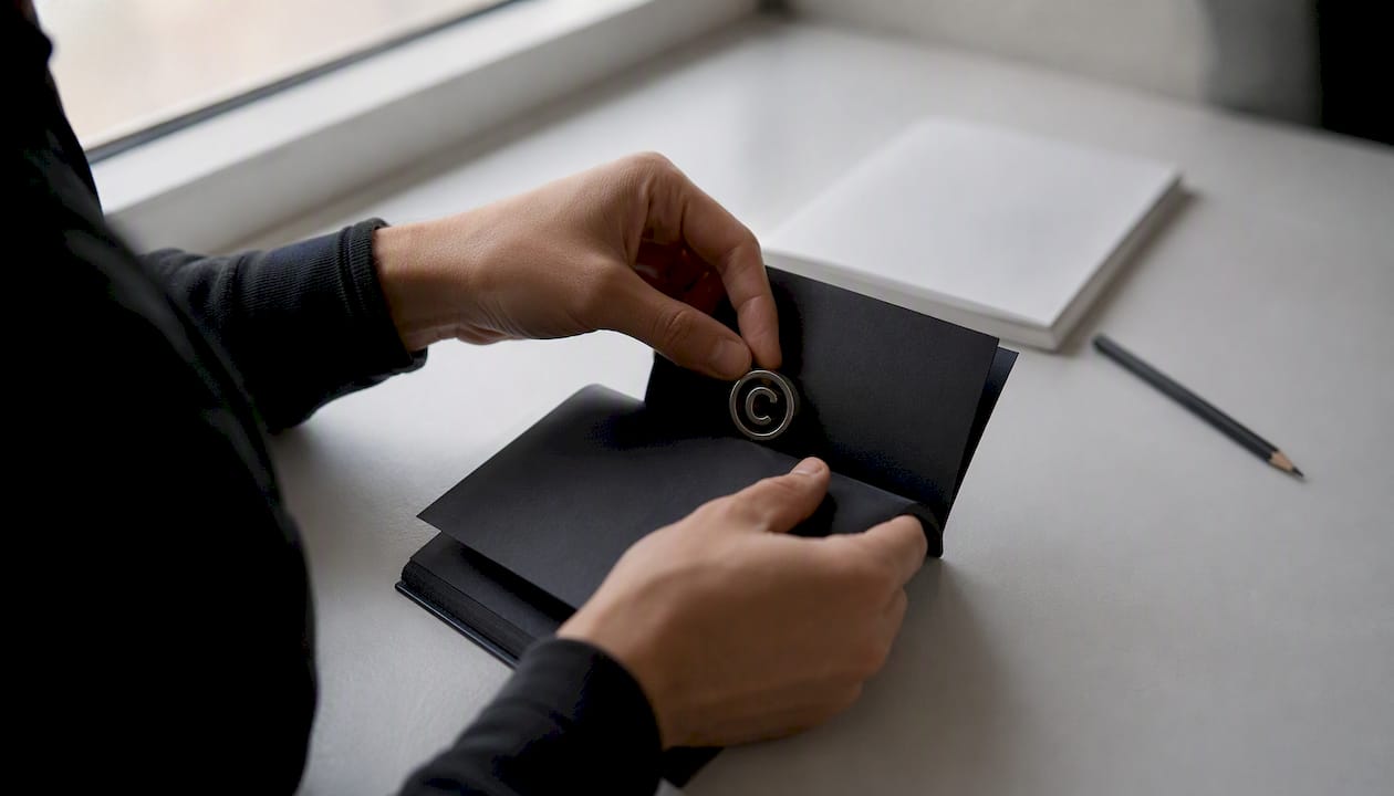 Hands applying copyright symbol on black surface