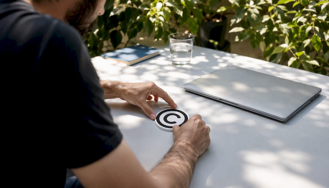 Hands placing copyright symbol on black desk