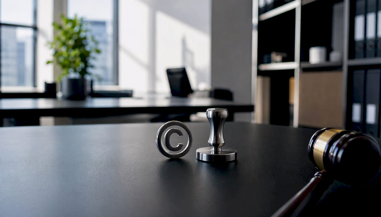 Metal copyright symbol next to legal gavel