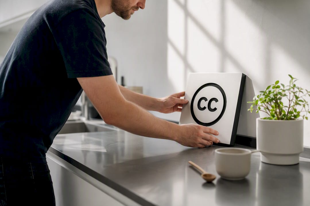 Person placing Creative Commons plaque on shelf