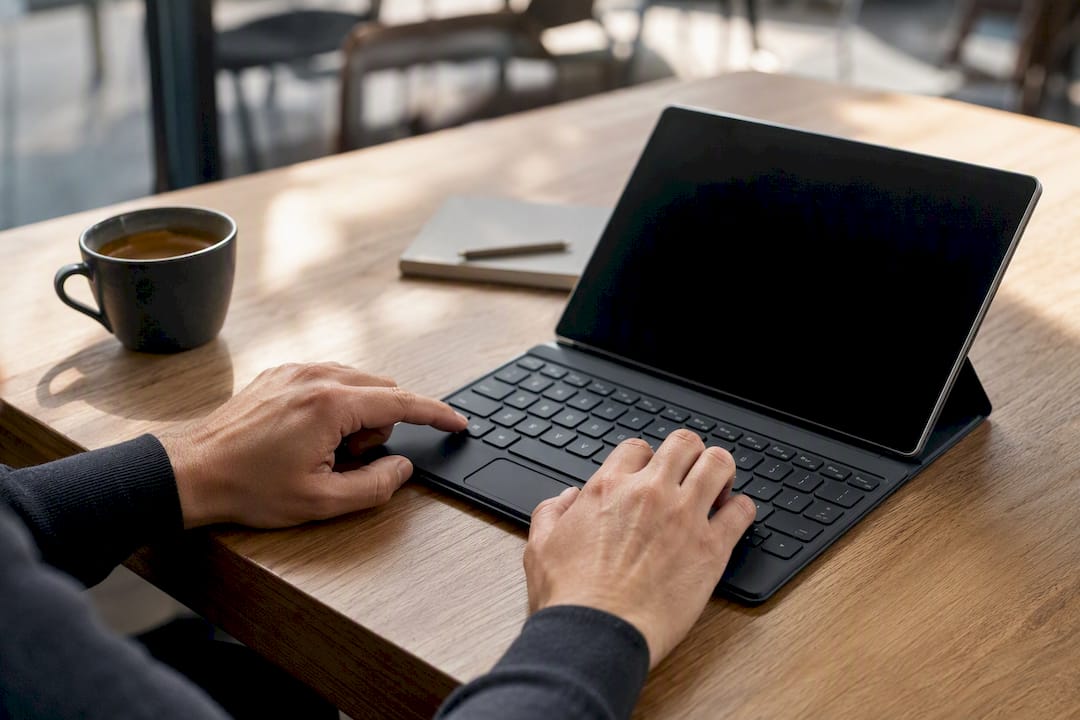 Hands typing trademark symbol shortcut on keyboard