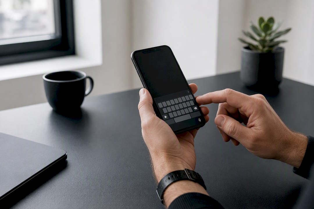 Hand holding iPhone typing copyright symbol